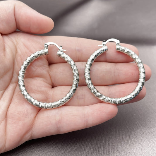 Rhodium Gold Filled Medium Hoop, Diamond Cutting Finish, Rhodium Finish