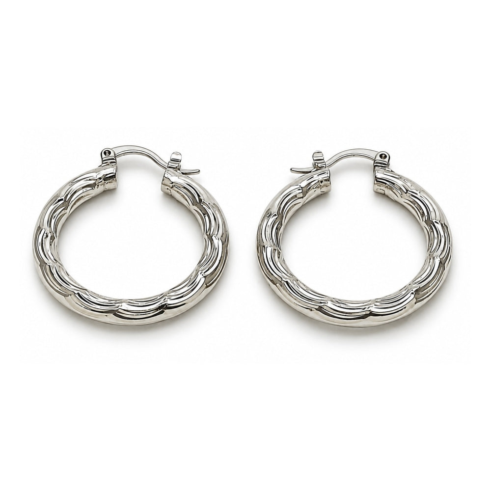 White Gold Filled Medium Hoop, Diamond Cutting Finish, Rhodium Finish