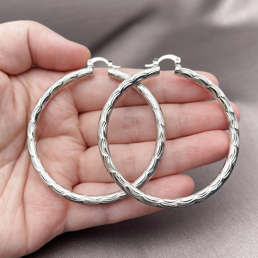 Rhodium Gold Filled Large Hoop, Diamond Cutting Finish, Rhodium Finish