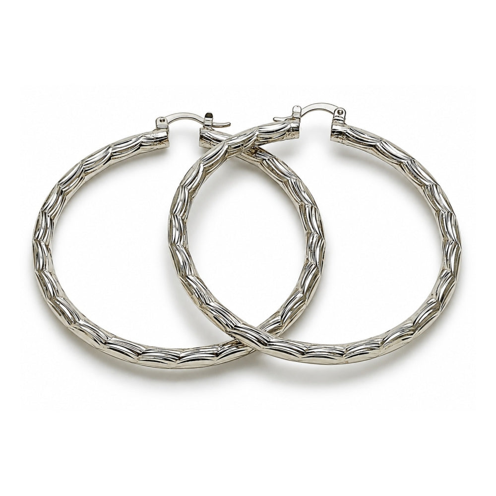 White Gold Filled Large Hoop, Diamond Cutting Finish, Rhodium Finish