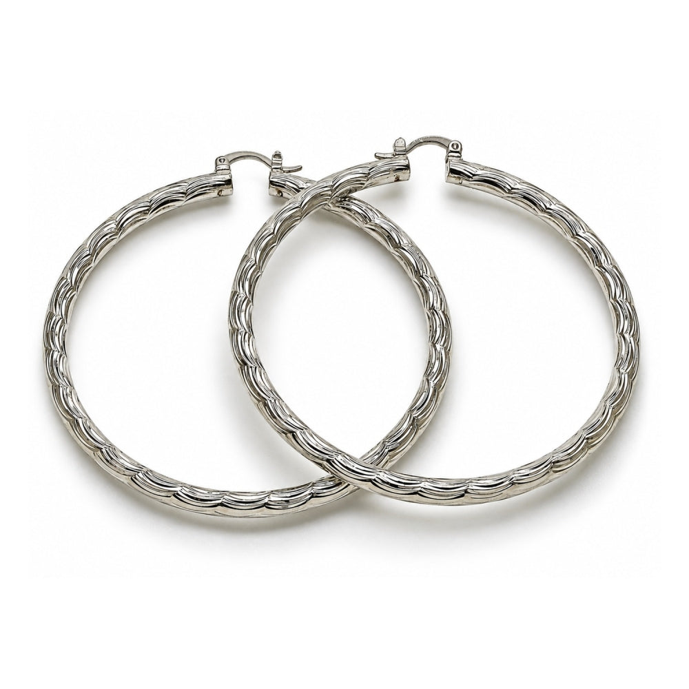 White Gold Filled Extra Large Hoop, Diamond Cutting Finish, Rhodium Finish