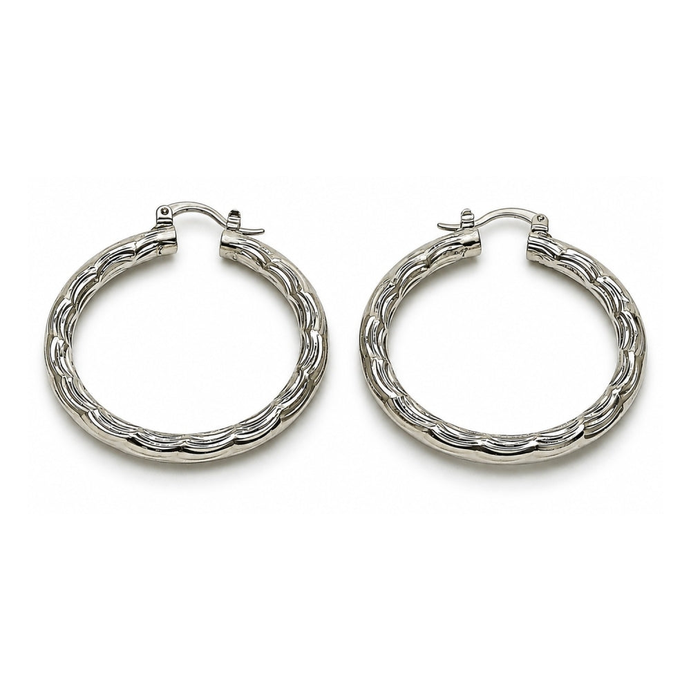 White Gold Filled Medium Hoop, Diamond Cutting Finish, Rhodium Finish