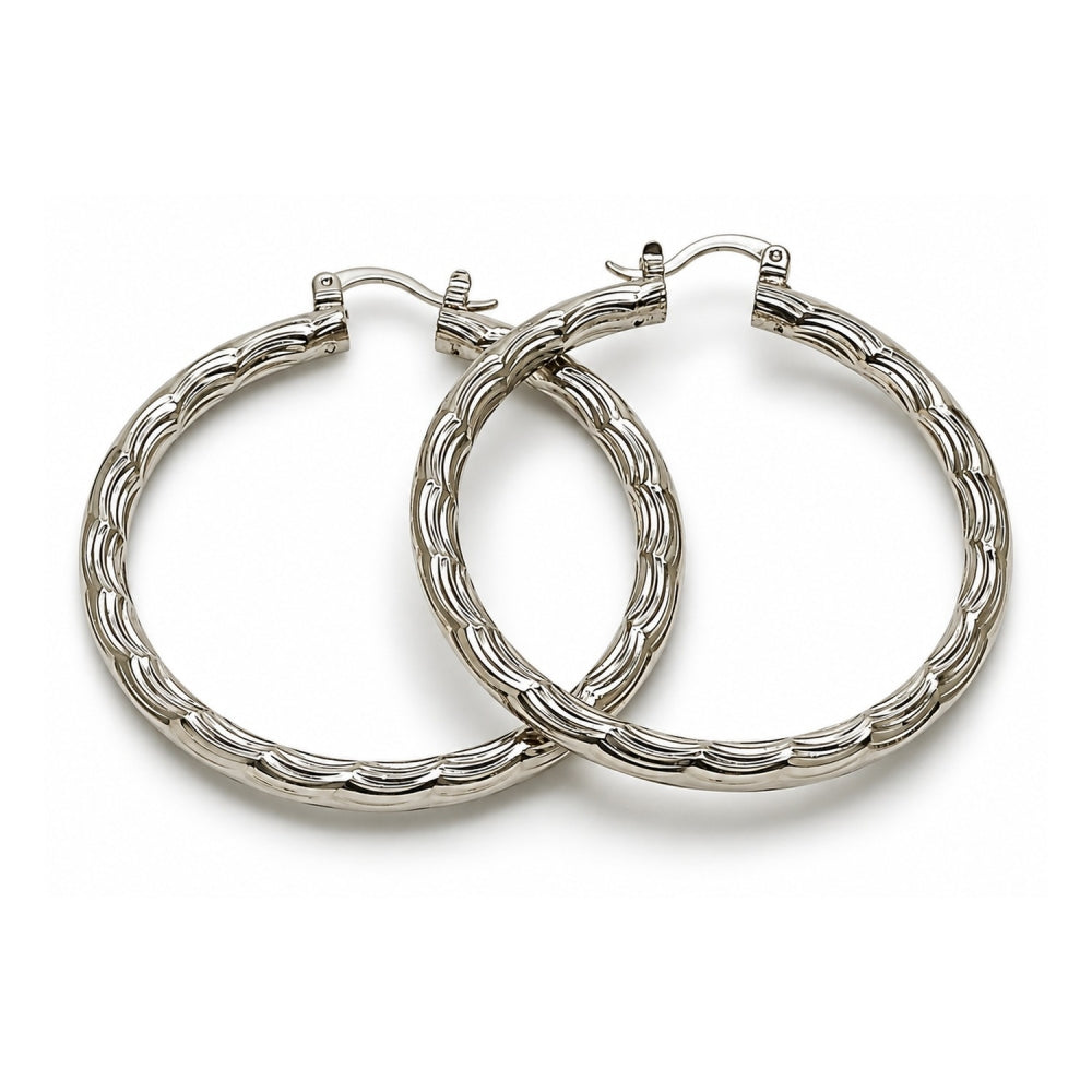 White Gold Filled Medium Hoop, Diamond Cutting Finish, Rhodium Finish