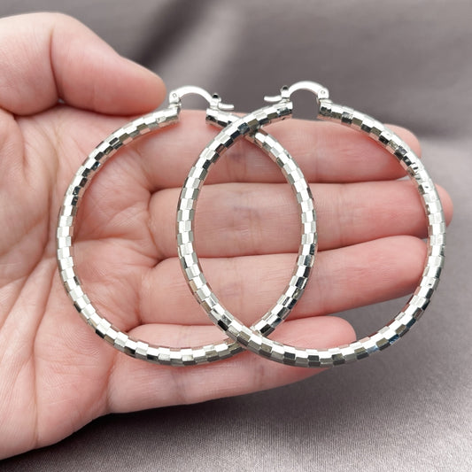 Rhodium Gold Filled Large Hoop, Diamond Cutting Finish, Rhodium Finish