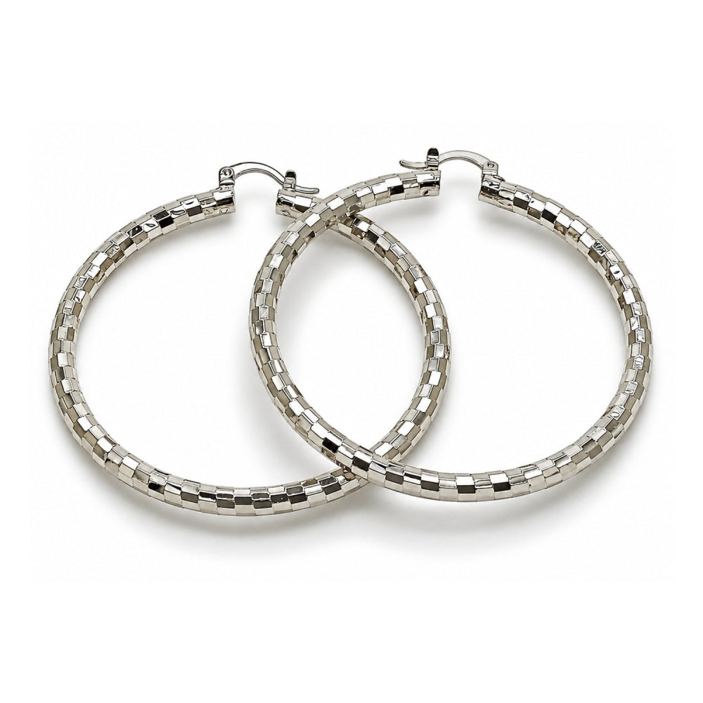 White Gold Filled Large Hoop, Diamond Cutting Finish, Rhodium Finish