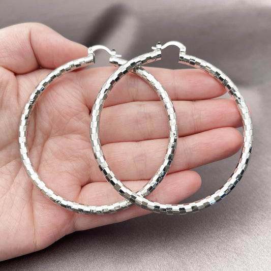 Rhodium Gold Filled Extra Large Hoop, Diamond Cutting Finish, Rhodium Finish