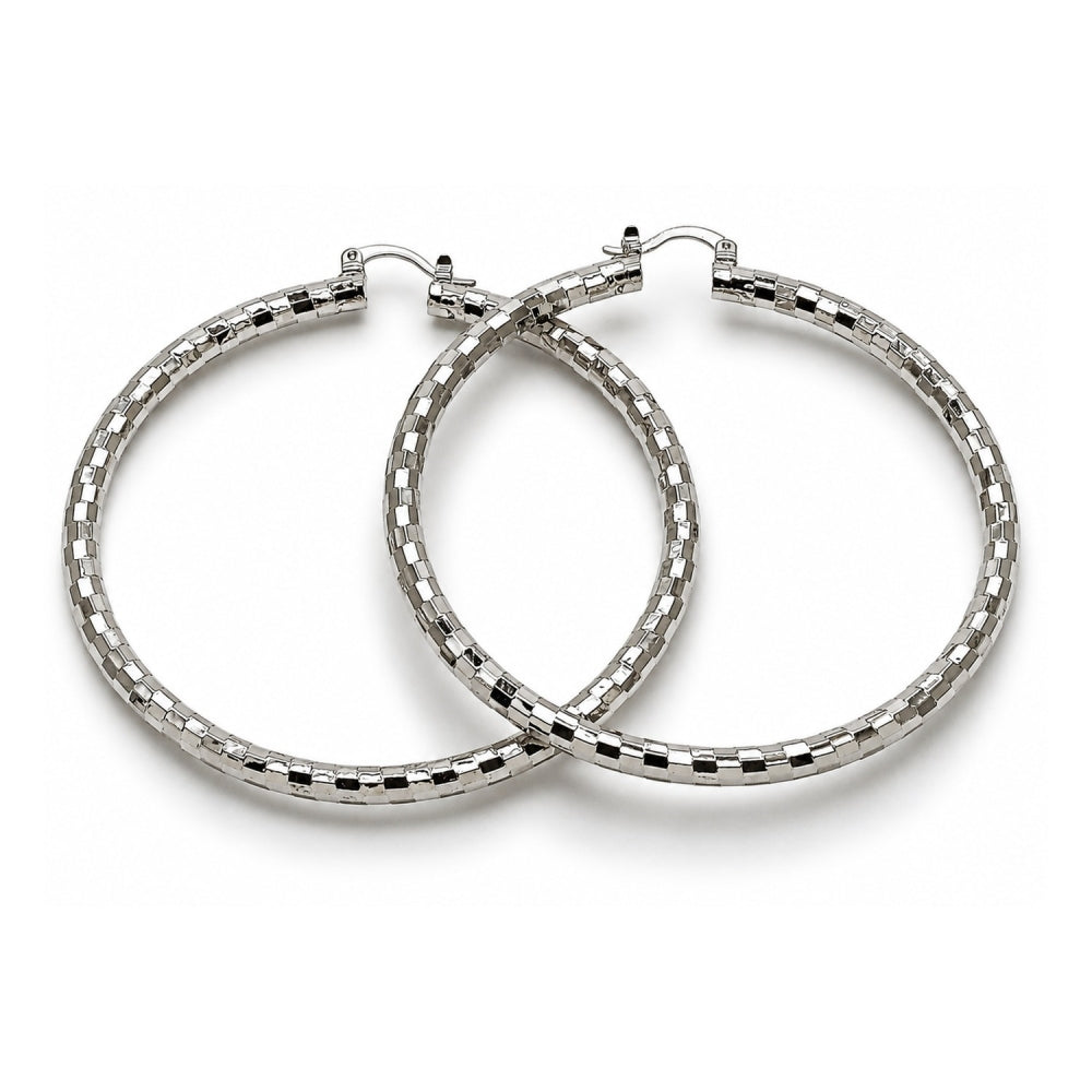 White Gold Filled Extra Large Hoop, Diamond Cutting Finish, Rhodium Finish