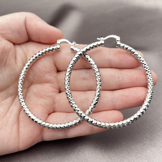 Rhodium Gold Filled Large Hoop, Diamond Cutting Finish, Rhodium Finish