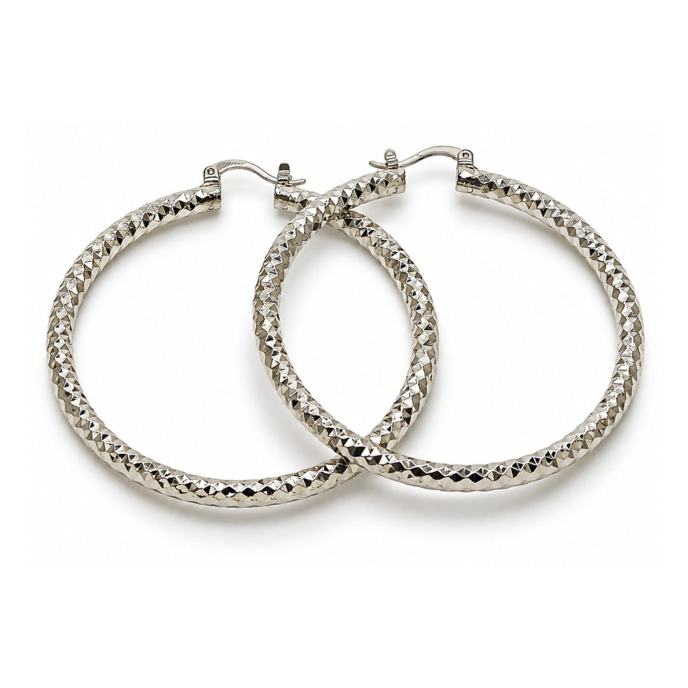 White Gold Filled Large Hoop, Diamond Cutting Finish, Rhodium Finish