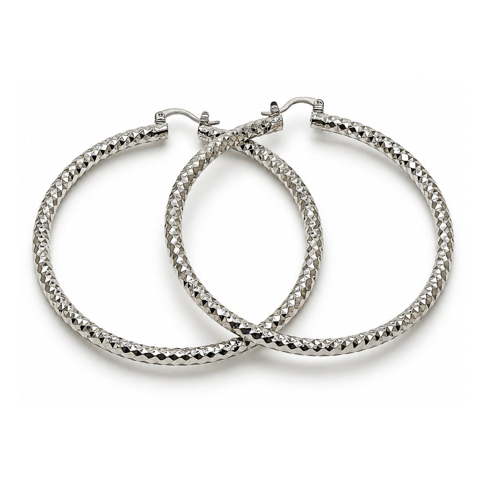 White Gold Filled Extra Large Hoop, Diamond Cutting Finish, Rhodium Finish