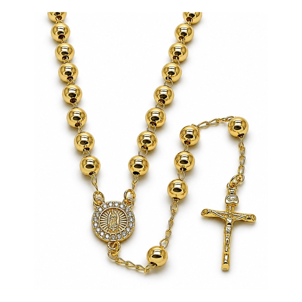 Oro Laminado Medium Rosary, Gold Filled Style Guadalupe and Crucifix Design, with White Cubic Zirconia, Polished, Golden Finish
