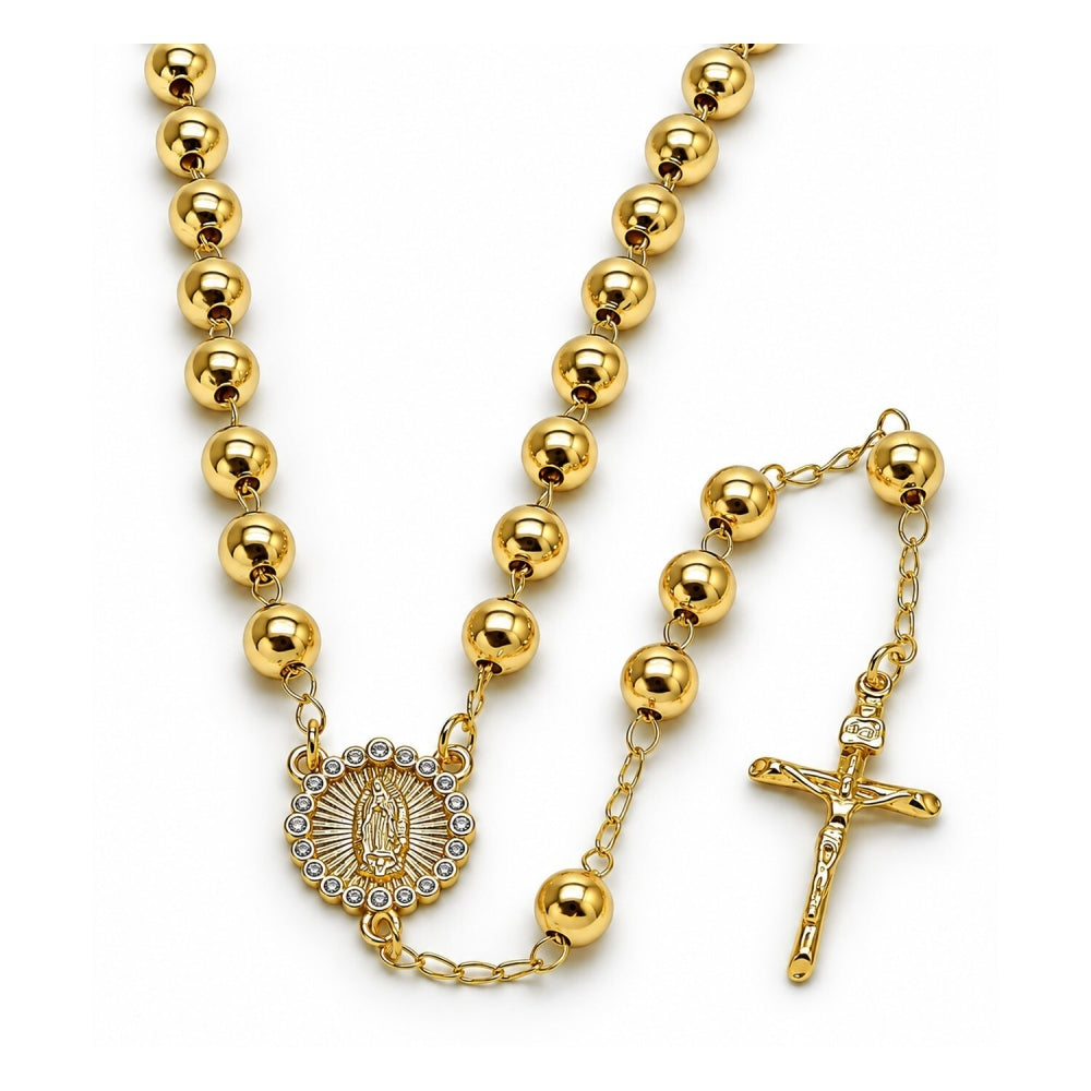 Oro Laminado Medium Rosary, Gold Filled Style Guadalupe and Crucifix Design, with White Cubic Zirconia, Polished, Golden Finish
