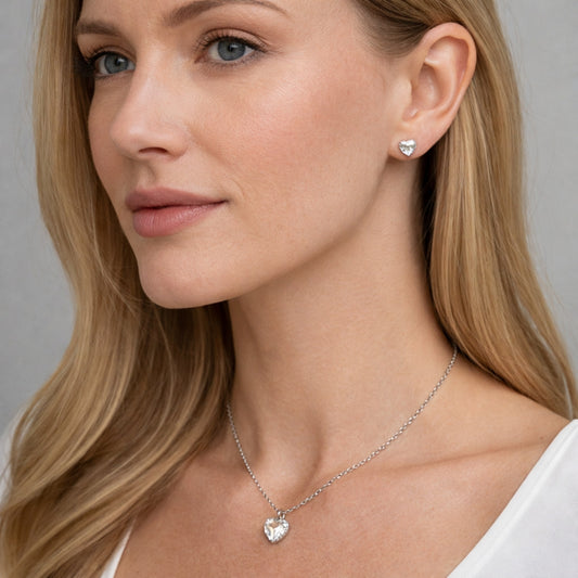 Rhodium Gold Filled Earring and Pendant Adult Set, Heart Design, with White Cubic Zirconia, Polished, Rhodium Finish