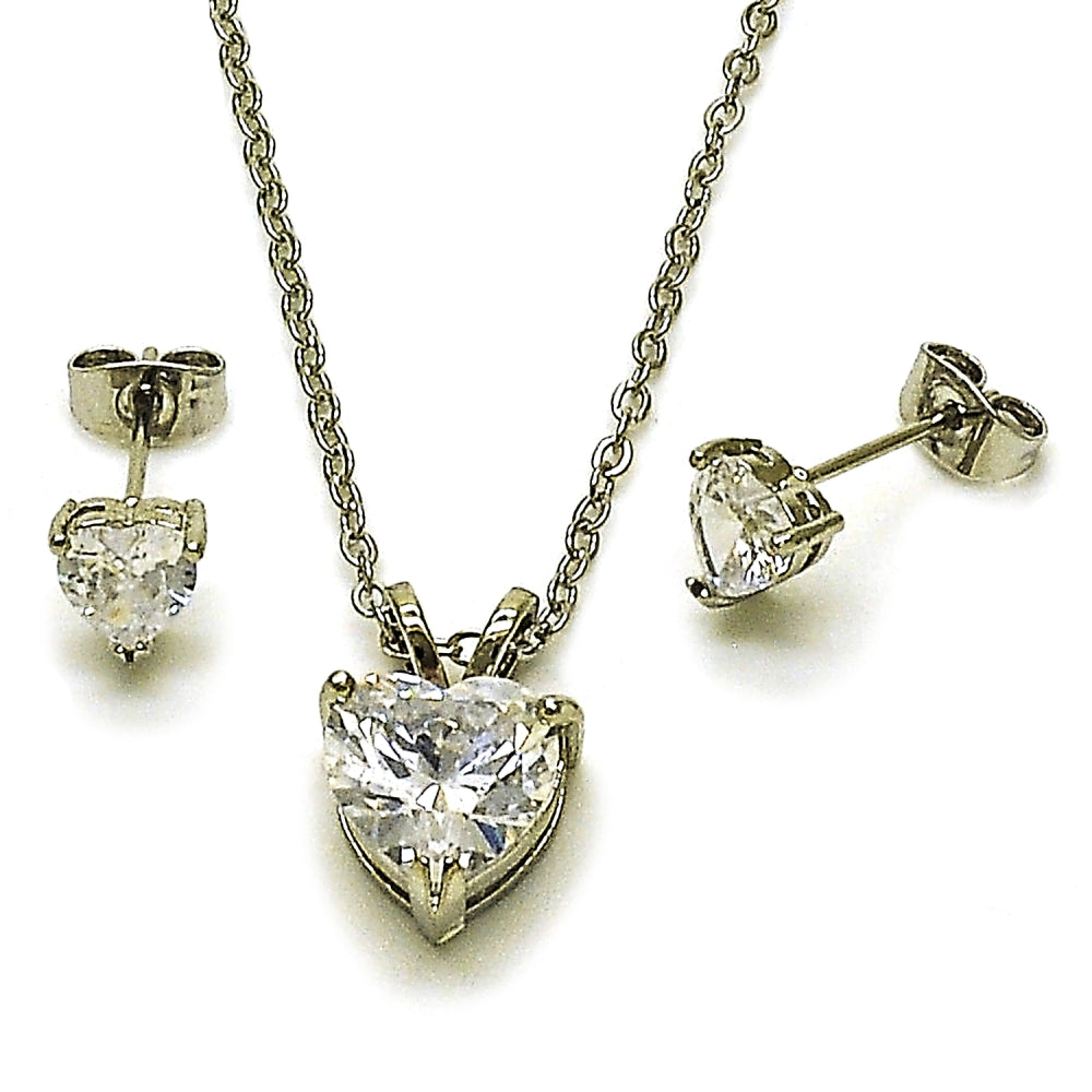 Rhodium Gold Filled Earring and Pendant Adult Set, Heart Design, with White Cubic Zirconia, Polished, Rhodium Finish