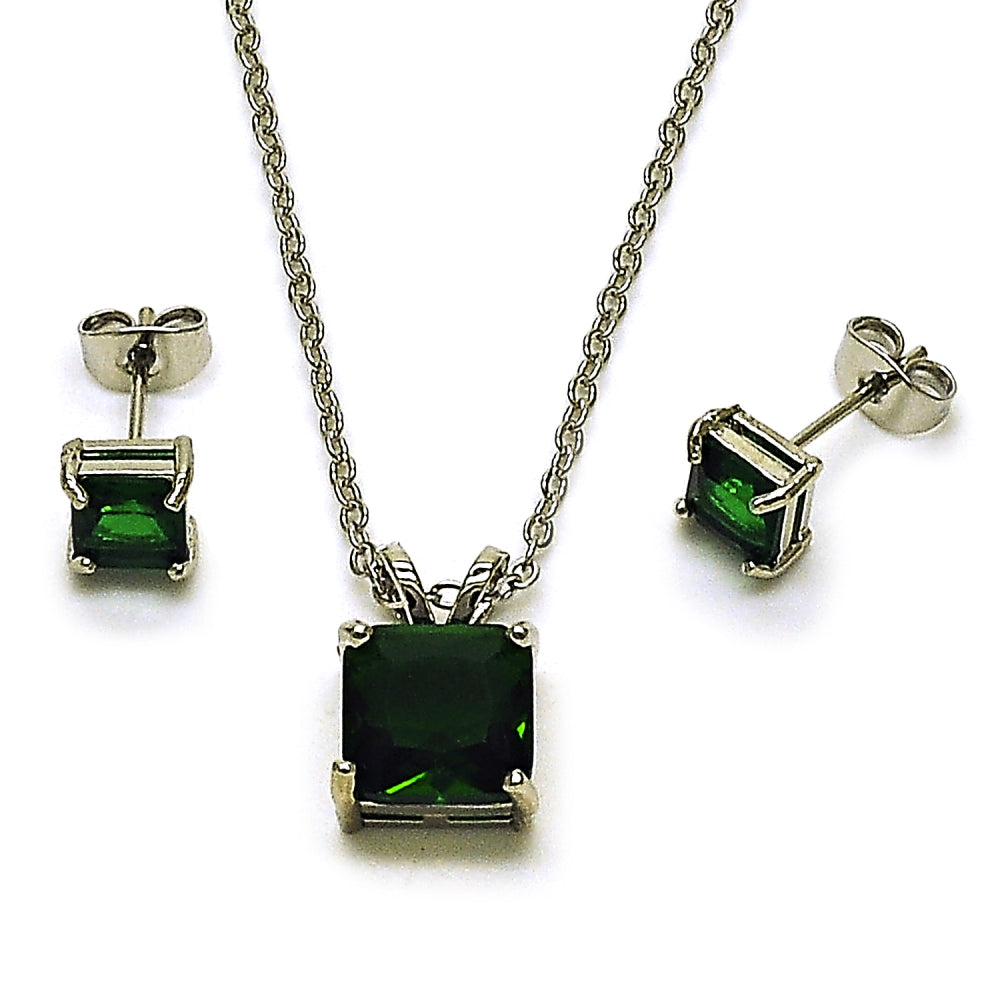 Rhodium Gold Filled Earring and Pendant Adult Set, Rolo Design, with Green Cubic Zirconia, Polished, Rhodium Finish