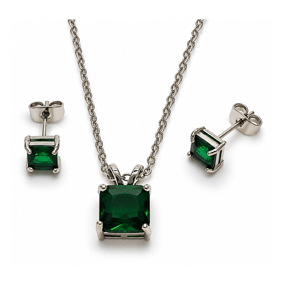 White Gold Filled Earring and Pendant Adult Set, Rolo Design, with Green Cubic Zirconia, Polished, Rhodium Finish