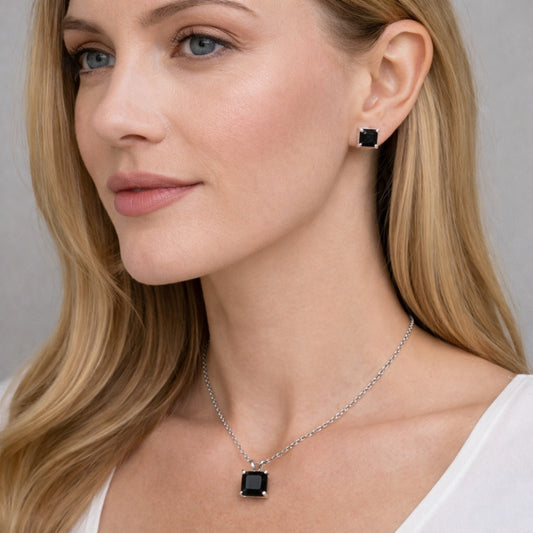 Rhodium Gold Filled Earring and Pendant Adult Set, Rolo Design, with Black Cubic Zirconia, Polished, Rhodium Finish