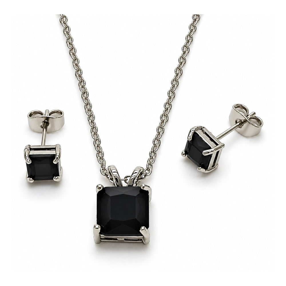 White Gold Filled Earring and Pendant Adult Set, Rolo Design, with Black Cubic Zirconia, Polished, Rhodium Finish