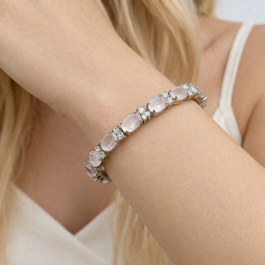 White Gold Filled Tennis Bracelet, Cluster Design, with Rose Water Opal and White Cubic Zirconia, Polished, Rhodium Finish