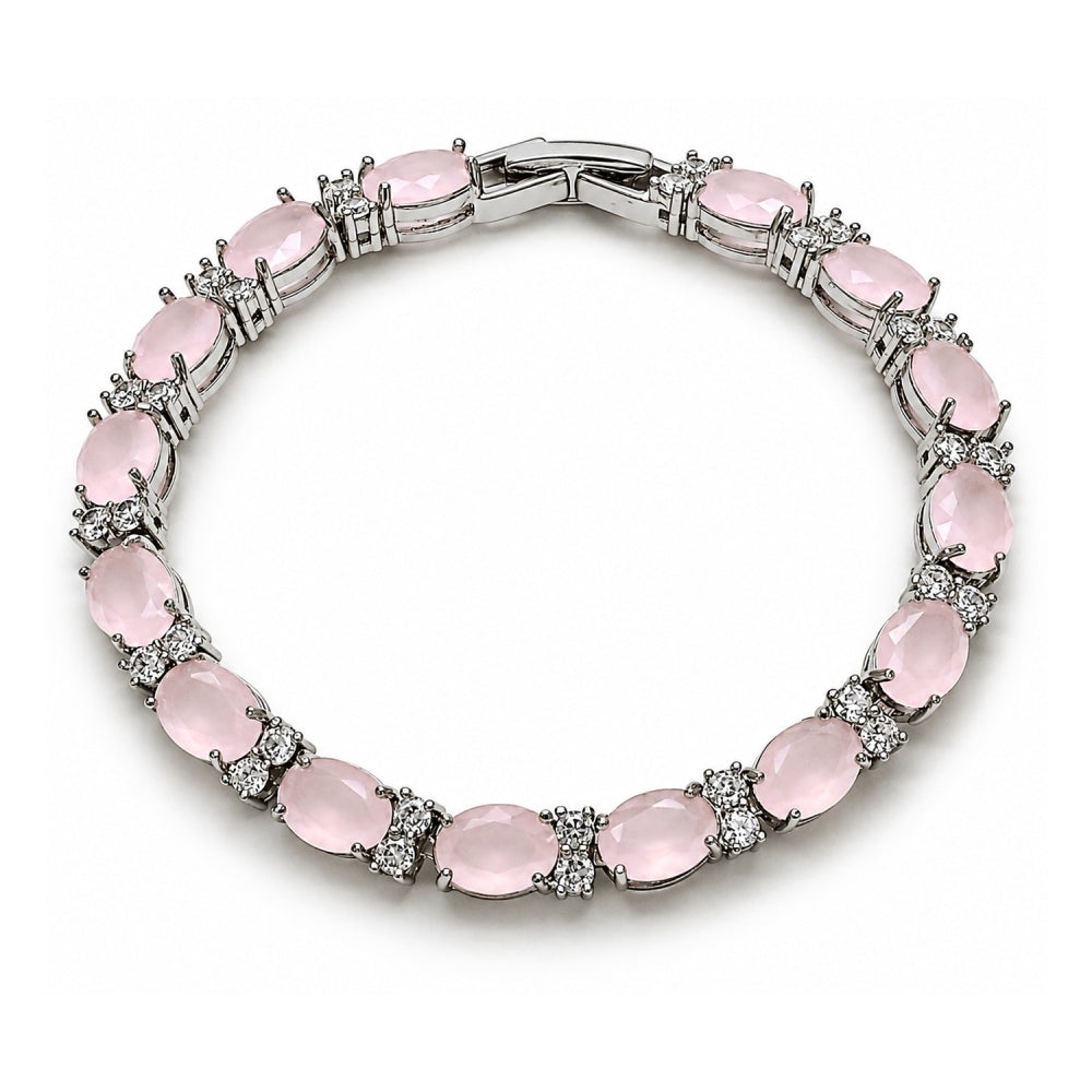 White Gold Filled Tennis Bracelet, Cluster Design, with Rose Water Opal and White Cubic Zirconia, Polished, Rhodium Finish