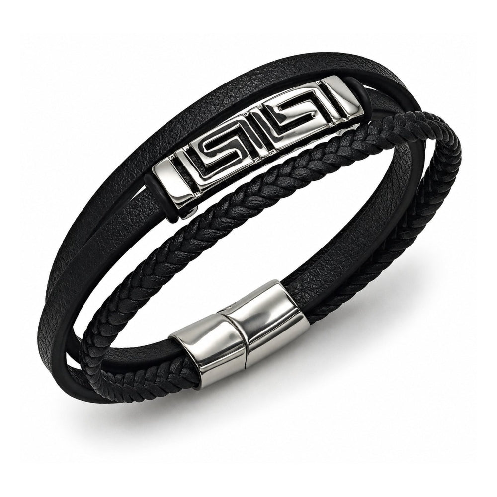 Stainless Steel Fancy Bracelet, Greek Key Design, Black Leather Finish, Steel Finish
