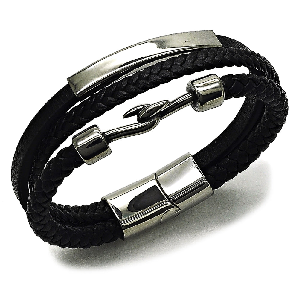Stainless Steel Fancy Bracelet, Black Leather Finish, Steel Finish