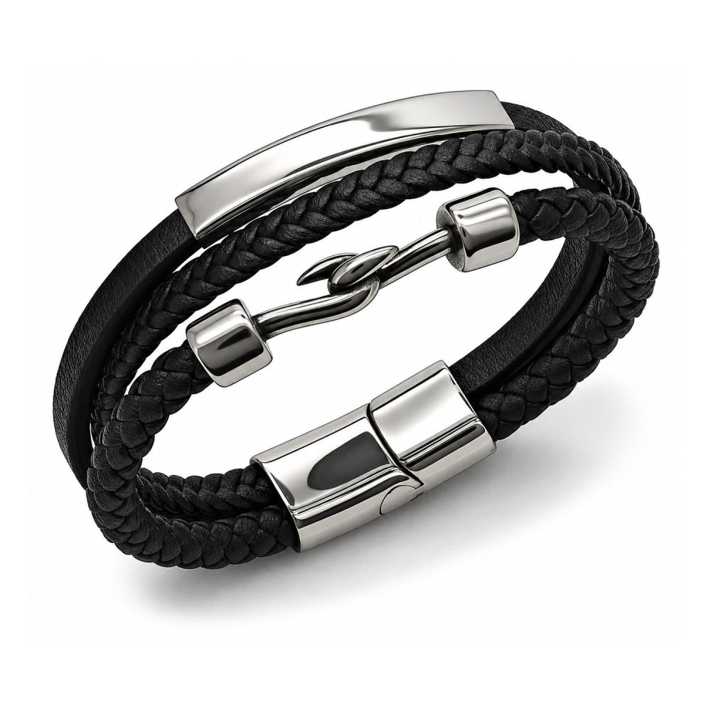 Stainless Steel Fancy Bracelet, Black Leather Finish, Steel Finish