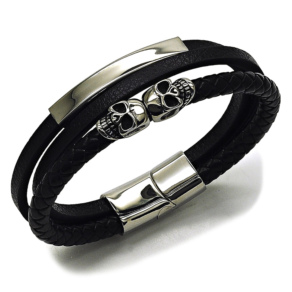 Stainless Steel Fancy Bracelet, Skull Design, Black Leather Finish, Steel Finish