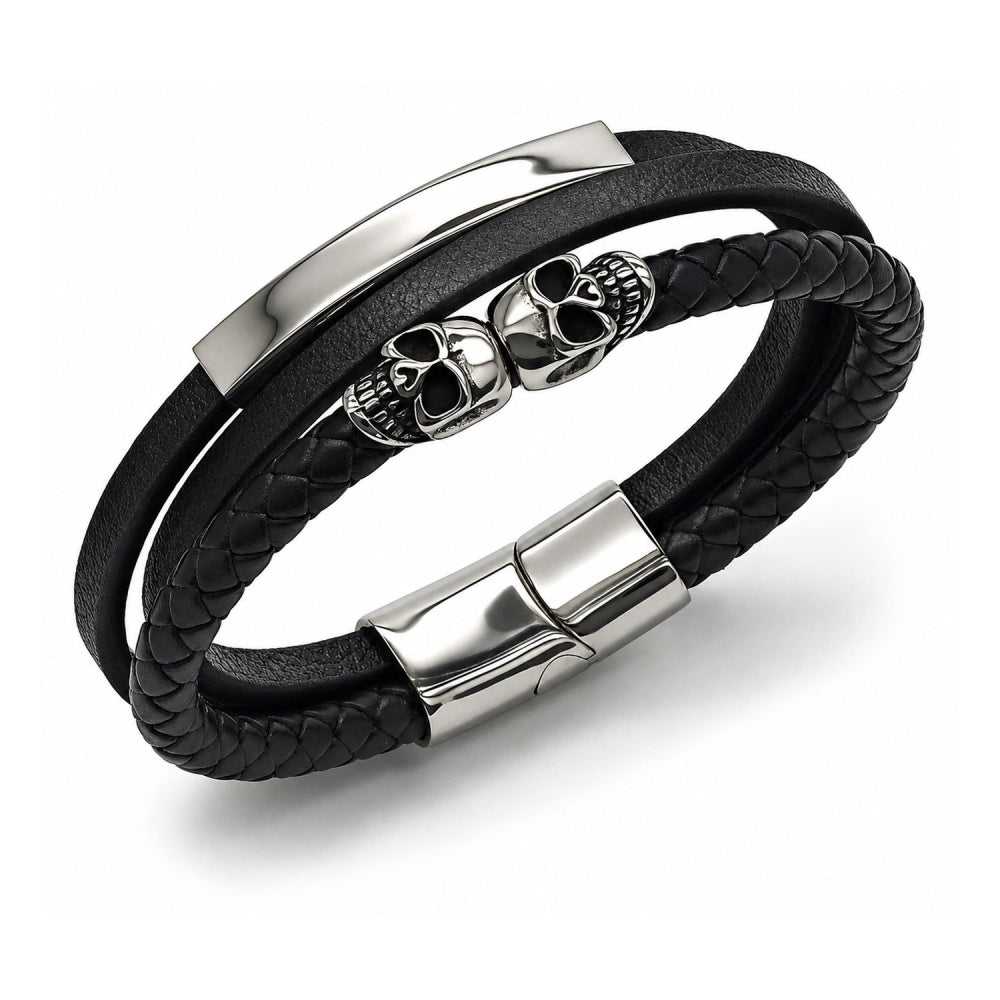 Stainless Steel Fancy Bracelet, Skull Design, Black Leather Finish, Steel Finish