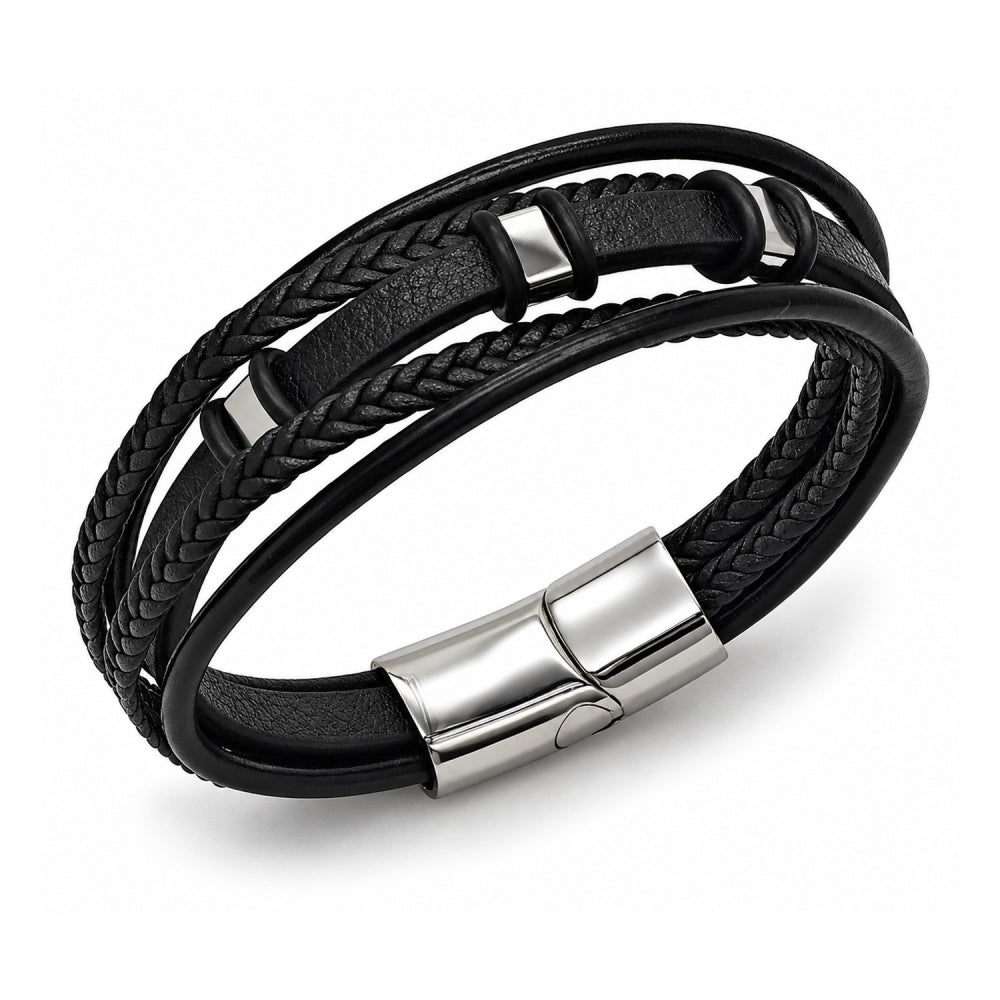 Stainless Steel Fancy Bracelet, Black Leather Finish, Steel Finish