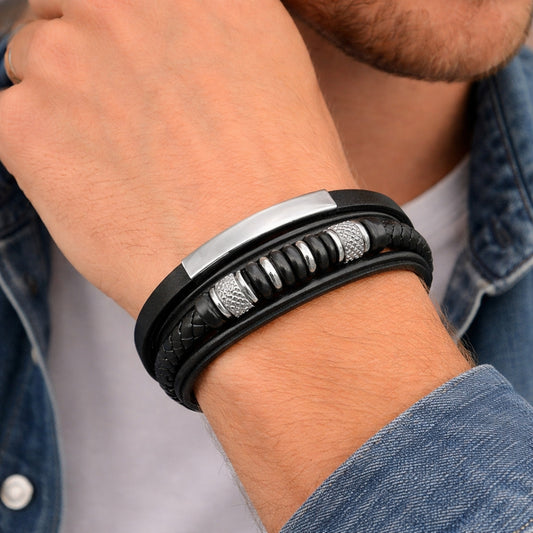 Stainless Steel Fancy Bracelet, Black Leather Finish, Steel Finish