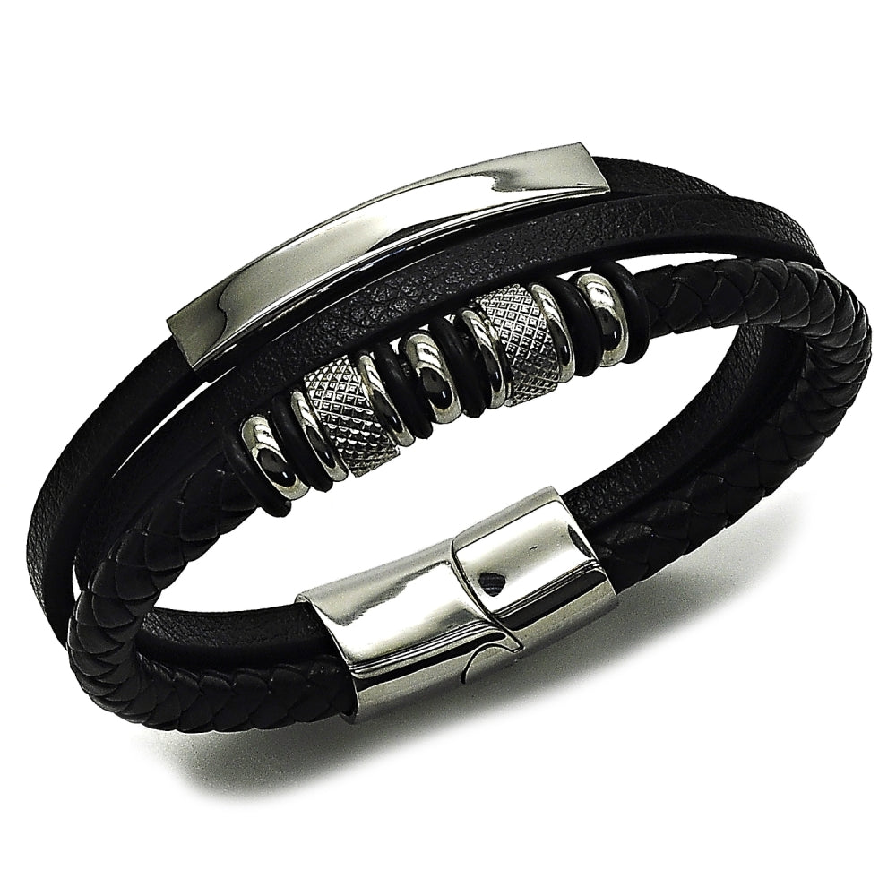 Stainless Steel Fancy Bracelet, Black Leather Finish, Steel Finish