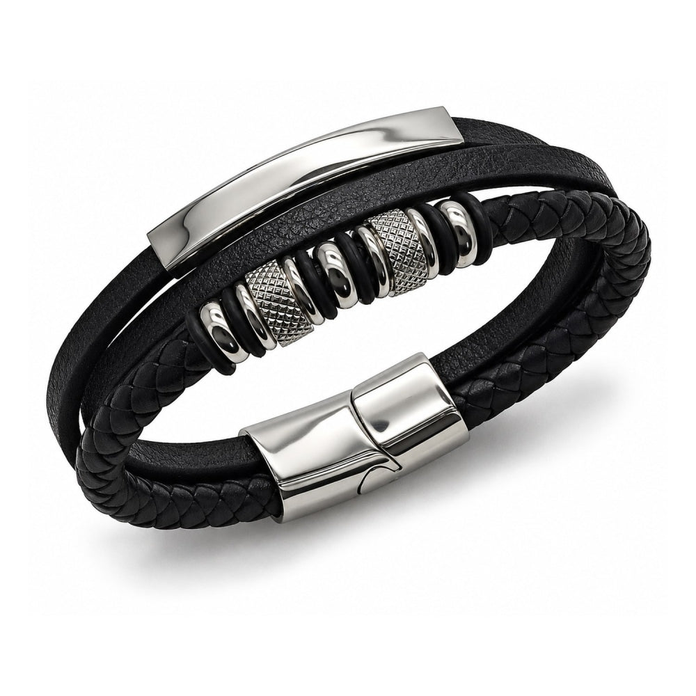 Stainless Steel Fancy Bracelet, Black Leather Finish, Steel Finish