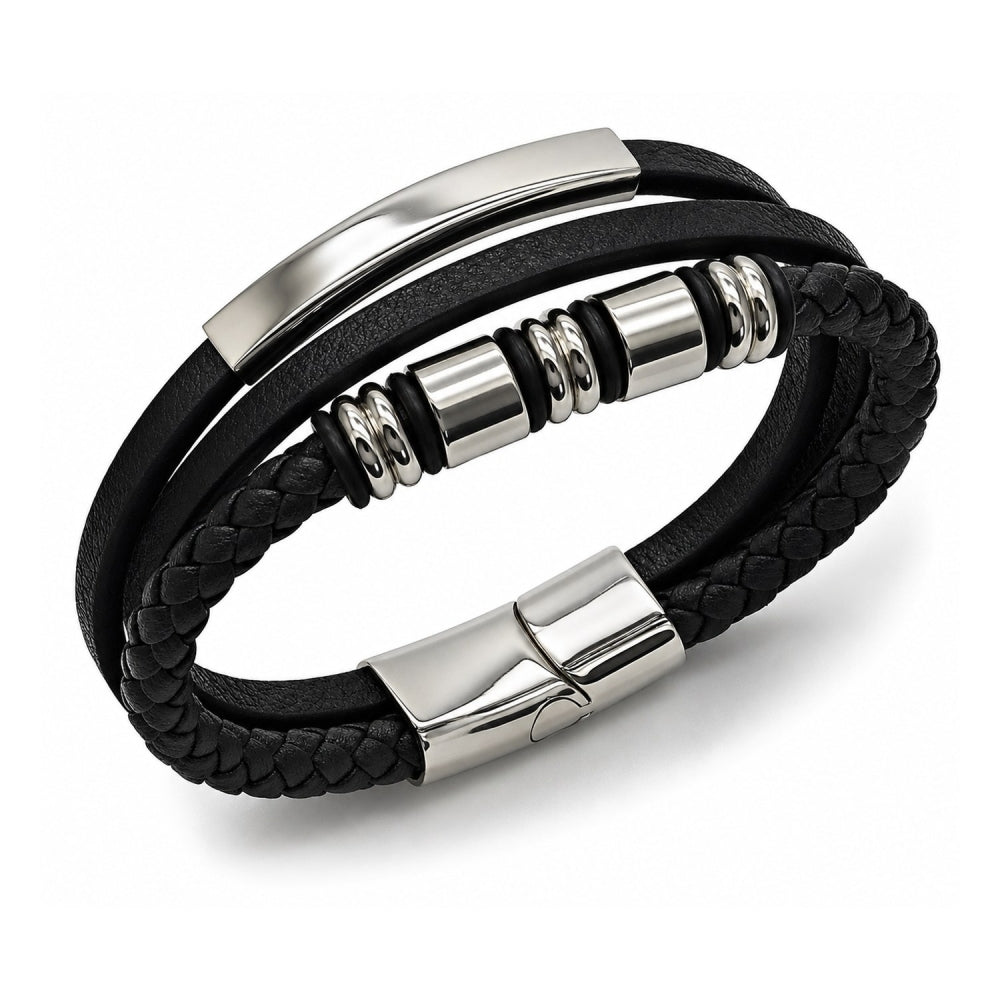 Stainless Steel Fancy Bracelet, Black Leather Finish, Steel Finish