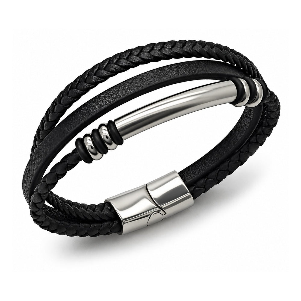 Stainless Steel Fancy Bracelet, Black Leather Finish, Steel Finish