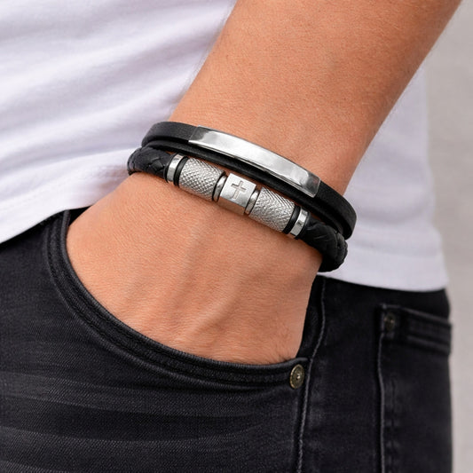 Stainless Steel Fancy Bracelet, Cross Design, Black Leather Finish, Steel Finish