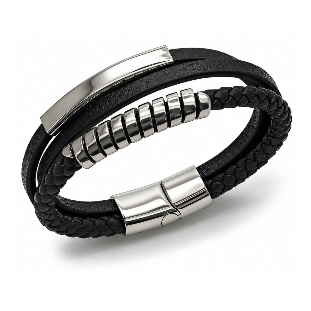 Stainless Steel Fancy Bracelet, Twist and Spiral Design, Black Leather Finish, Steel Finish