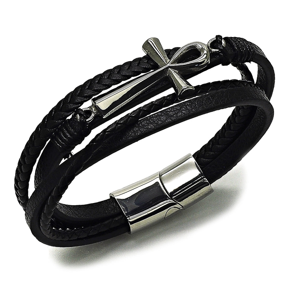 Stainless Steel Fancy Bracelet, Cross Design, Black Leather Finish, Steel Finish