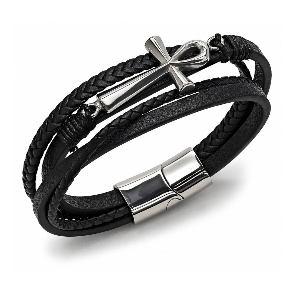 Stainless Steel Fancy Bracelet, Cross Design, Black Leather Finish, Steel Finish