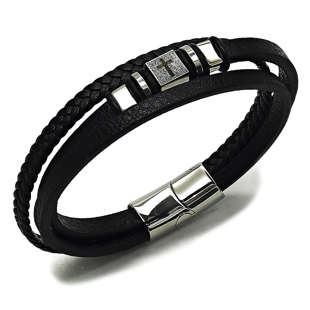 Stainless Steel Fancy Bracelet, Cross Design, Black Leather Finish, Steel Finish