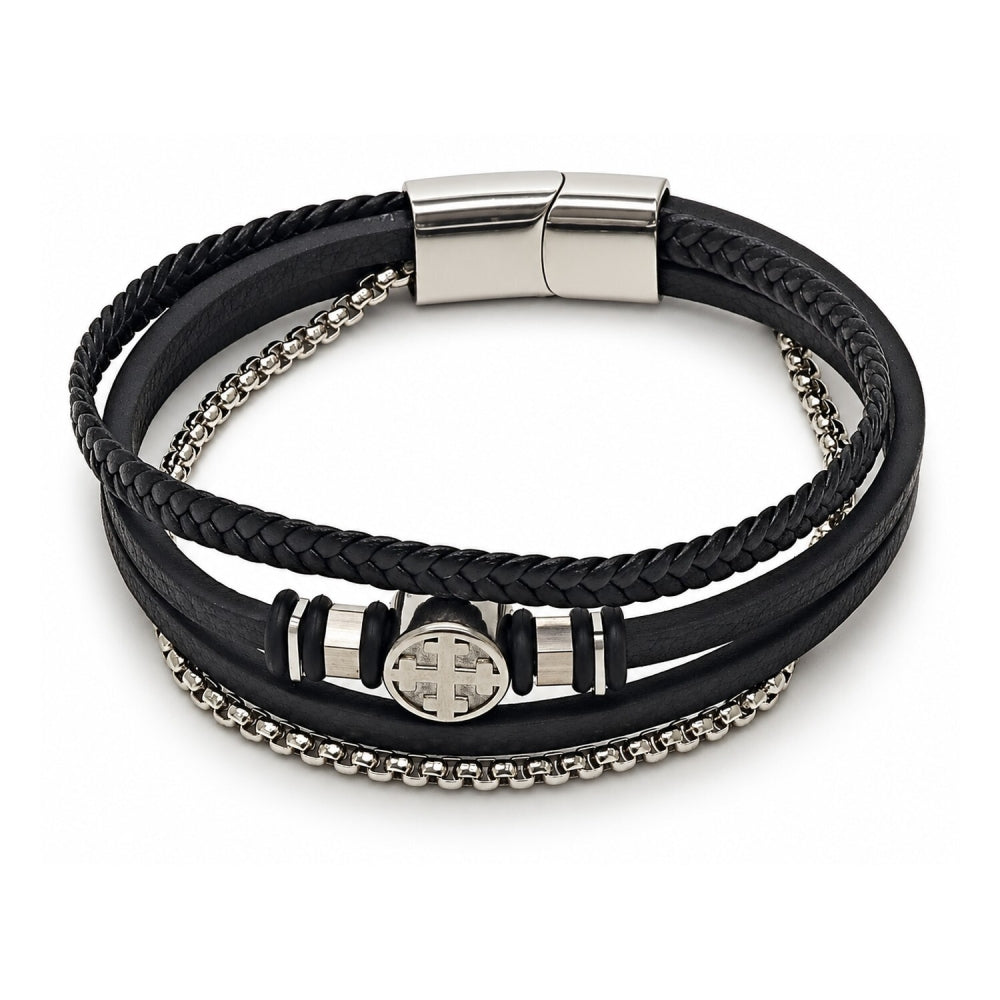 Stainless Steel Fancy Bracelet, Cross and Box Design, Black Leather Finish, Steel Finish