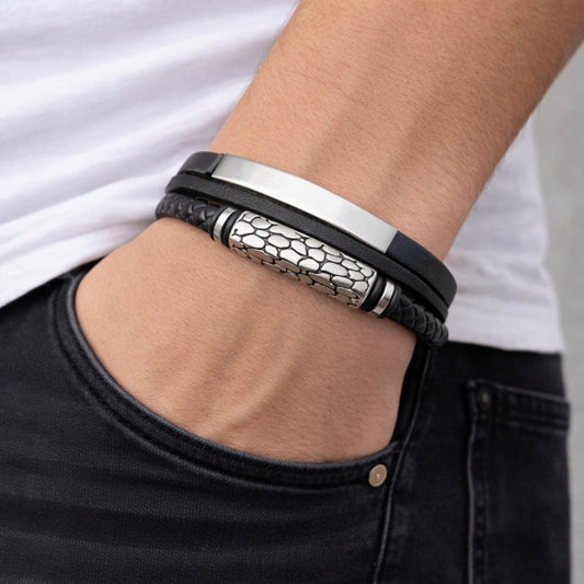 Stainless Steel Fancy Bracelet, Nameplate Design, Black Leather Finish, Steel Finish