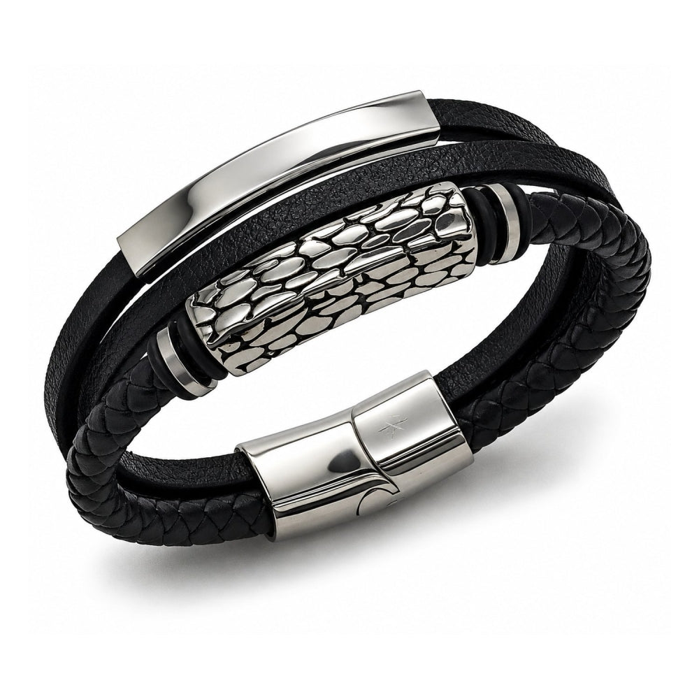 Stainless Steel Fancy Bracelet, Nameplate Design, Black Leather Finish, Steel Finish