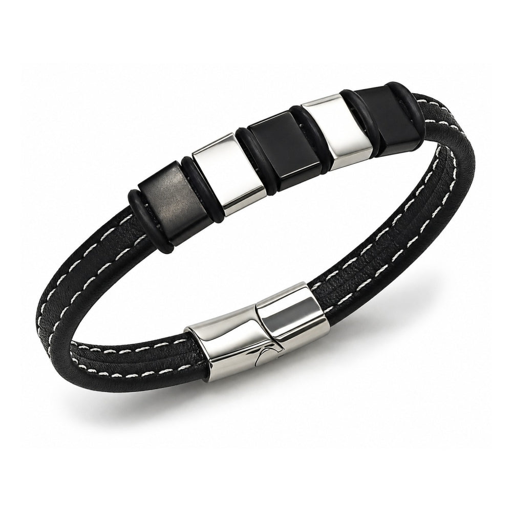 Stainless Steel Fancy Bracelet, Black Leather Finish, Steel Finish