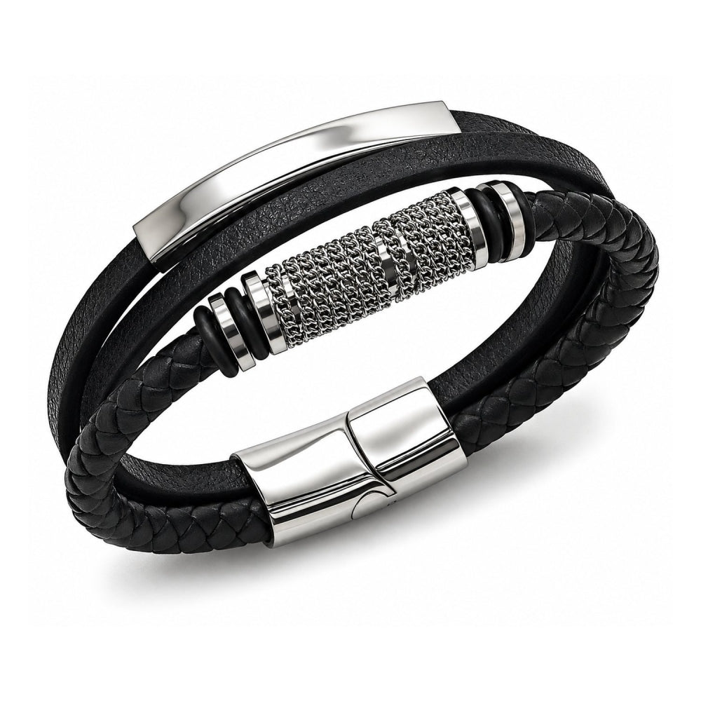 Stainless Steel Fancy Bracelet, Nameplate and Miami Cuban Design, Black Leather Finish, Steel Finish