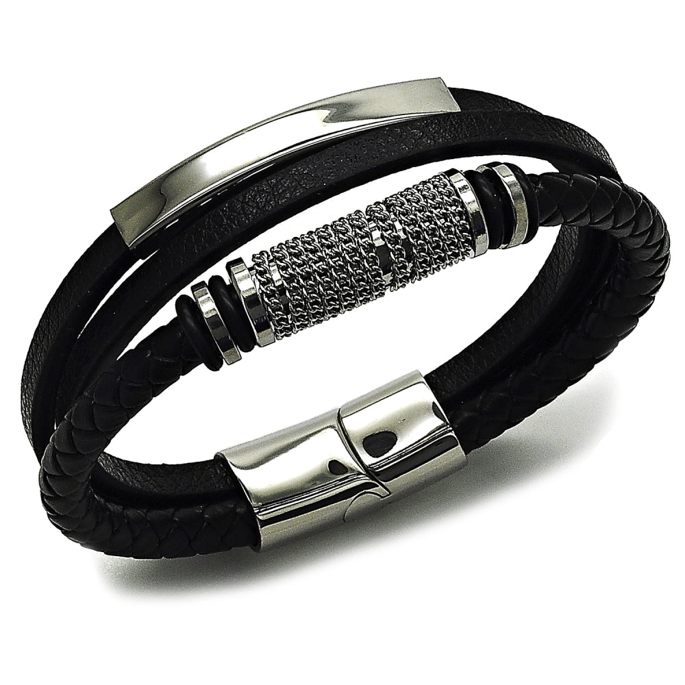 Stainless Steel Fancy Bracelet, Nameplate and Miami Cuban Design, Black Leather Finish, Steel Finish