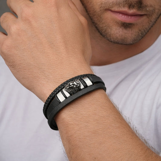 Stainless Steel Fancy Bracelet, Lion Design, Black Leather Finish, Steel Finish