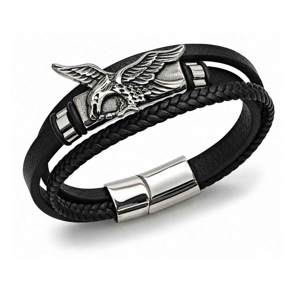 Stainless Steel Fancy Bracelet, Eagle Design, Black Leather Finish, Steel Finish