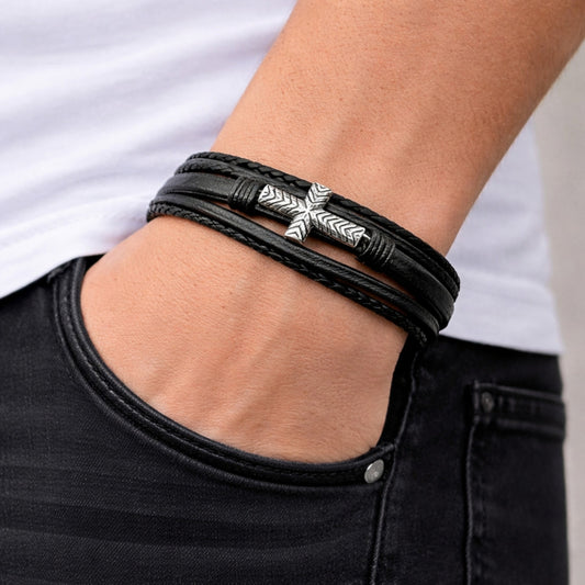 Stainless Steel Fancy Bracelet, Cross Design, Black Leather Finish, Steel Finish