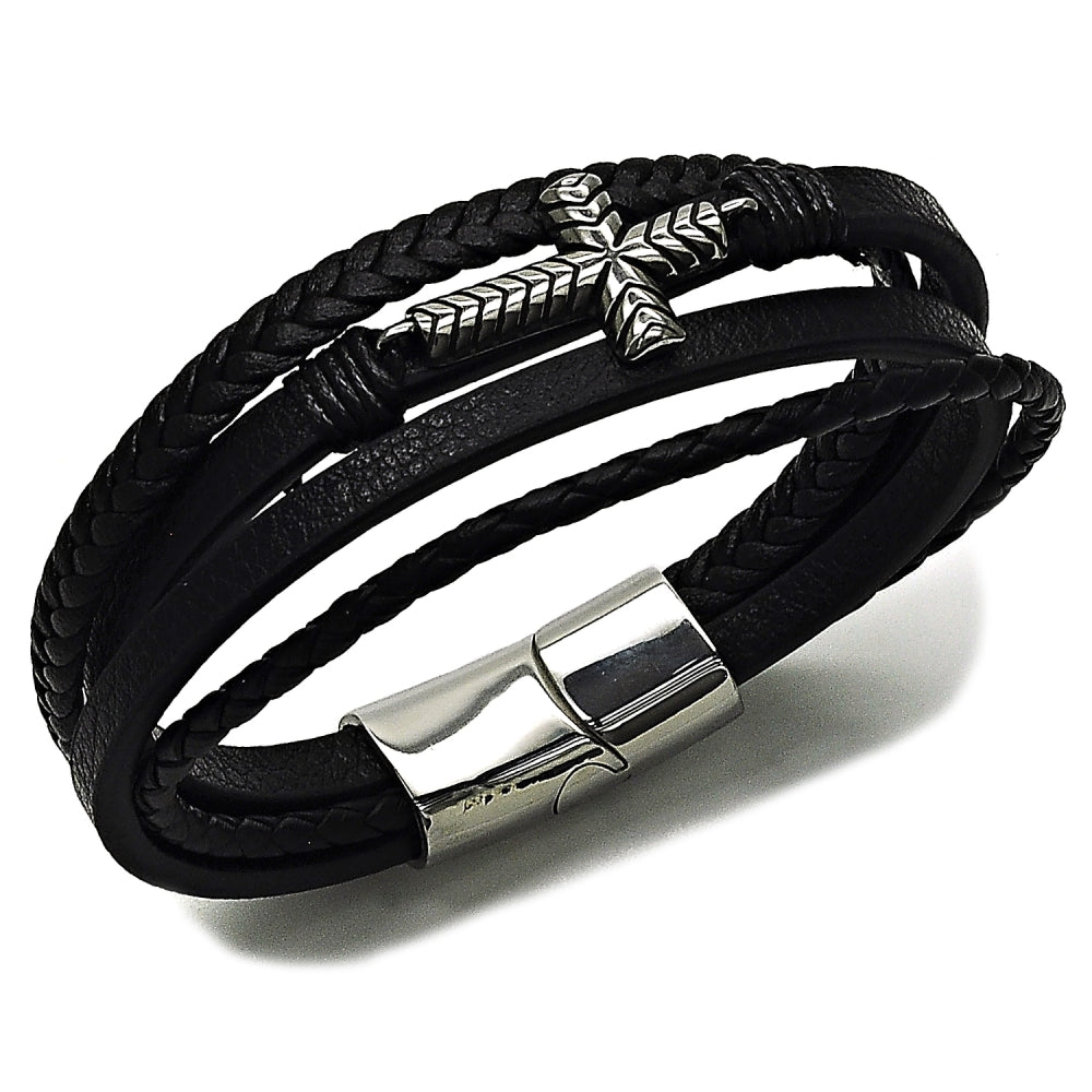 Stainless Steel Fancy Bracelet, Cross Design, Black Leather Finish, Steel Finish
